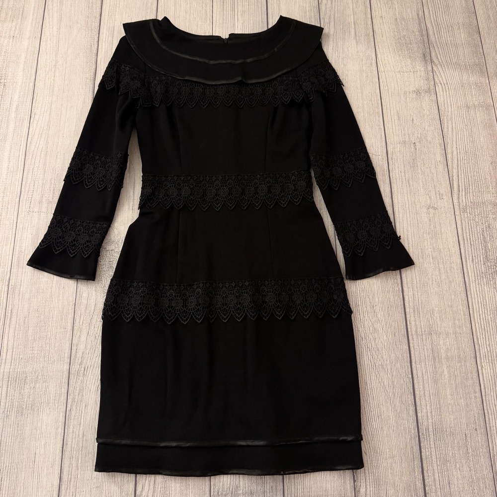 Reina Diaz Black Lace Trim Sheath Dress Womens 7 M Bell Sleeve Cocktail Midi